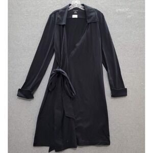 Lands End Women Dress 14 Black Knee Length Wrap Long Sleeve Collar